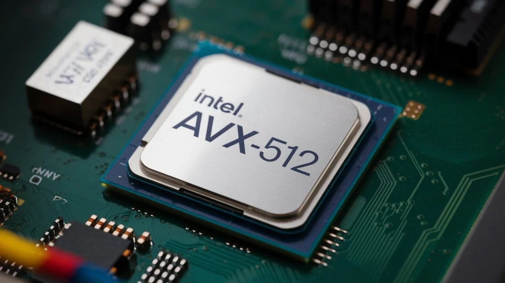 A decorative image showing a motherboard with Intel processor that supports AVX-512.